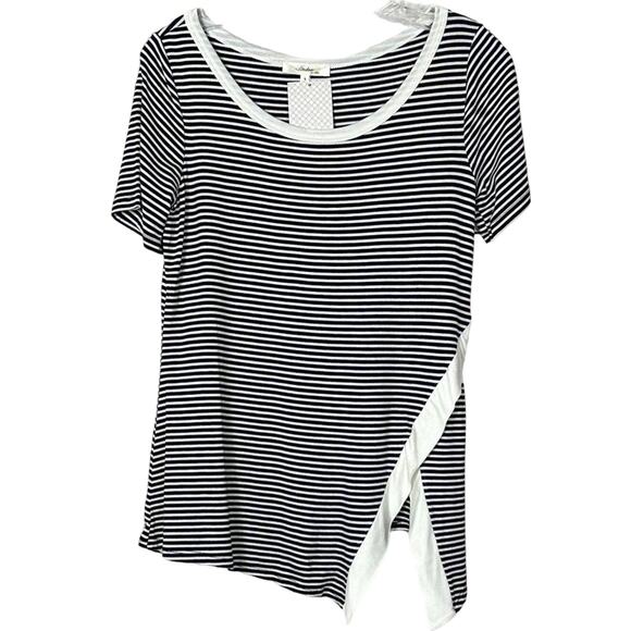 NEW Andree By Unit Women's Stripe Scoop Neck Slit Blouse Top Black White Small - Picture 1 of 11